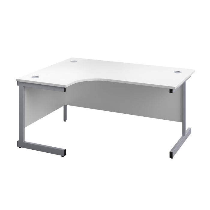 Single Upright Left Hand Radial Desk 1600 X 1200 White With Silver Frame With Desk High Pedestal