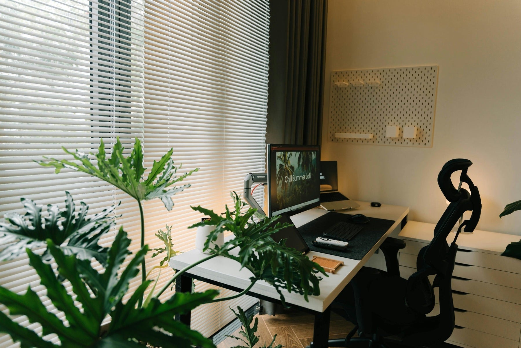 Modern home office with plants and window blinds