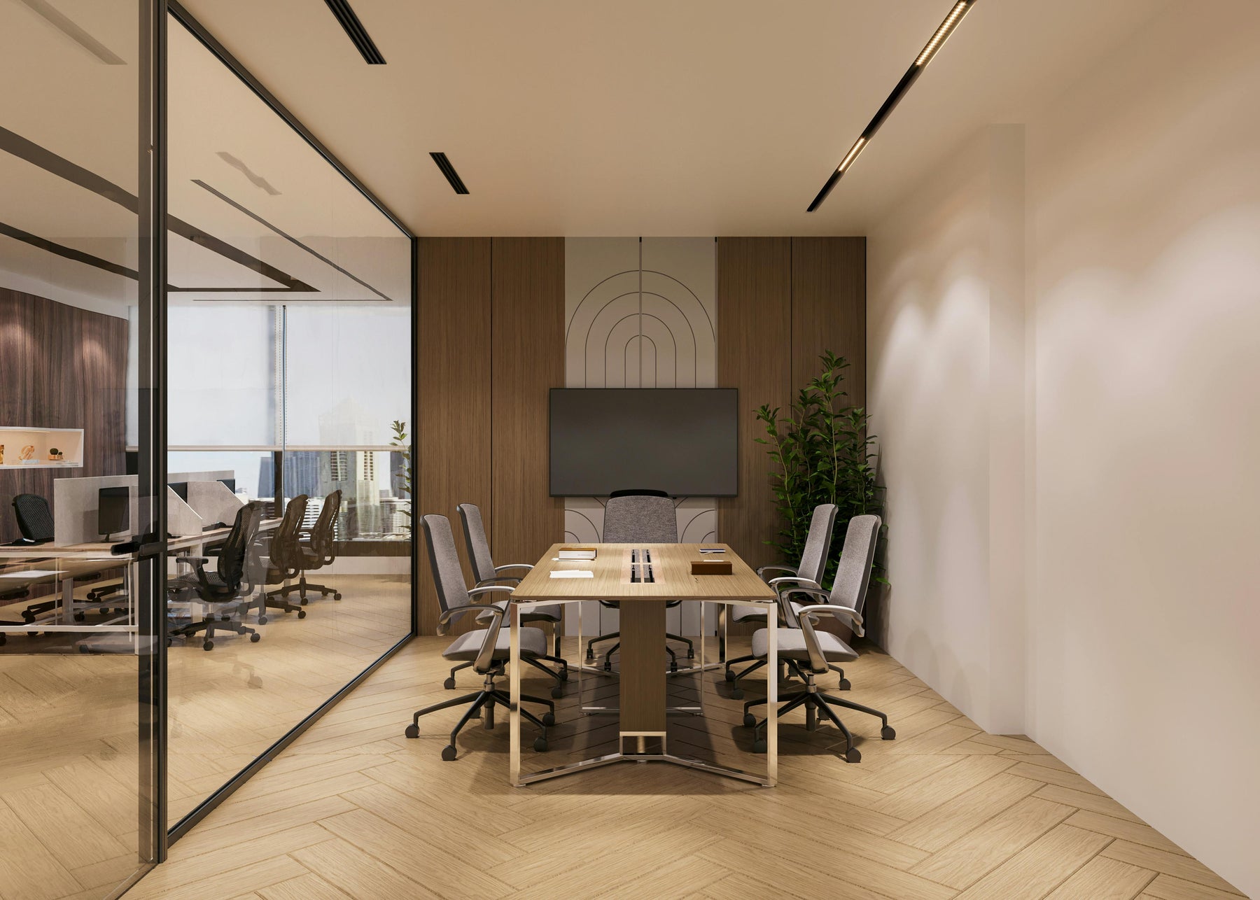 Modern office meeting room with conference table and chairs
