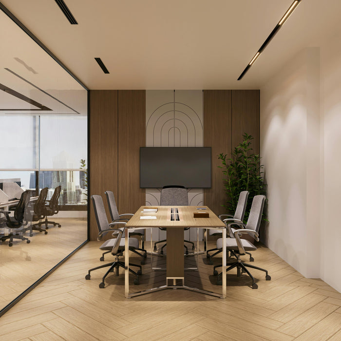 Modern office meeting room with conference table and chairs