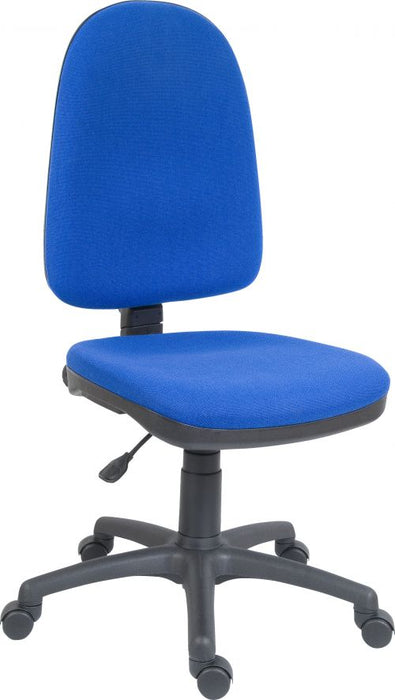 Teknik Price Blaster High Back Blue Fabric Operator chair with durable black nylon base. Accepts optional arm rests.