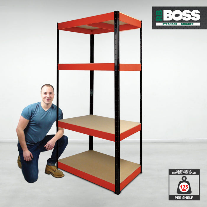 1600x750x350mm 175kg UDL 4x Tier Freestanding RB Boss Unit with Red & Black Powdercoated Steel Frame & MDF Shelves