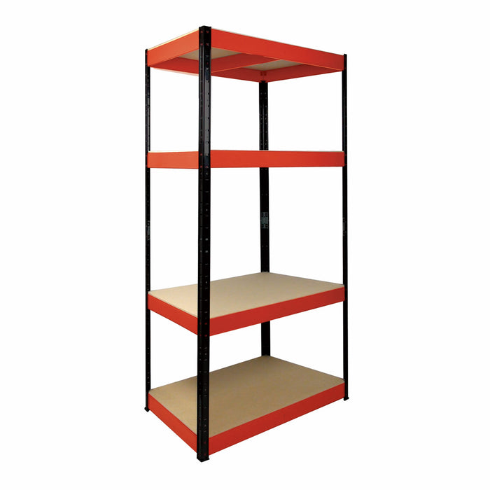 1600x750x350mm 175kg UDL 4x Tier Freestanding RB Boss Unit with Red & Black Powdercoated Steel Frame & MDF Shelves