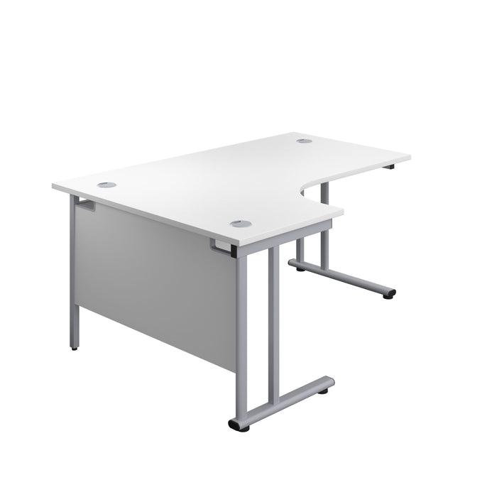 Twin Upright Left Hand Radial Desk 1600 X 1200 White With Silver Frame With Desk High Pedestal