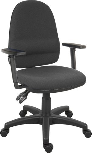 Teknik Ergo Twin Black Fabric Operator chair with pronounced lumbar support and a sturdy nylon base. With Step adjustable armrests