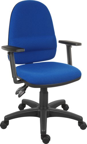 Teknik Ergo Twin Blue Fabric Operator chair with pronounced lumbar support and sturdy nylon base. With Step Adjustable armrests