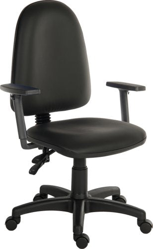 Teknik Ergo Twin PU Black Fabric Operator chair with a floating or fixed permanent contact backrest. With Step adjustable armrests