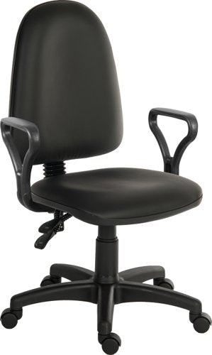 Teknik Ergo Twin PU Black Fabric Operator chair with a floating or fixed permanent contact backrest. With fixed standard armrests