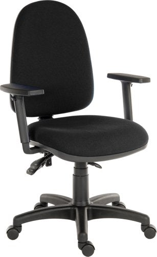 Teknik Ergo Trio Black Fabric Operator chair with 3 lever mechanism and a sturdy nylon base. With Step adjustable Armrests.