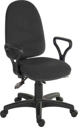 Teknik Ergo Trio Black Fabric Operator chair with 3 lever mechanism and a sturdy nylon base. With Standard fixed armresets.