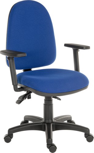 Teknik Ergo Trio Blue Fabric Operator chair with 3 lever mechanism and a sturdy nylon base. With step adjustable armrests.