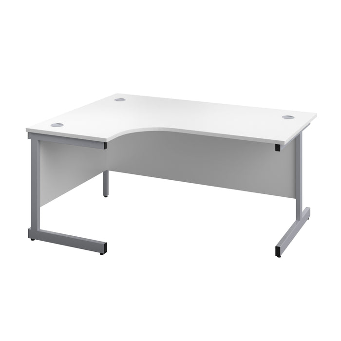 Single Upright Left Hand Radial Desk 1600 X 1200 White With Silver Frame With Desk High Pedestal