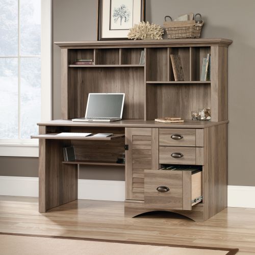 Teknik Louvre Hutch Desk in a Salt Oak Finish with Slide Out Keyboard/Mouse Shelf Multiple Storage Cubbyholes Within Hutch and Filer Drawer - image 2