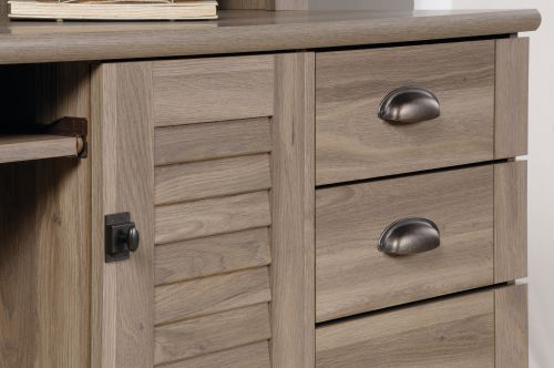 Teknik Louvre Hutch Desk in a Salt Oak Finish with Slide Out Keyboard/Mouse Shelf Multiple Storage Cubbyholes Within Hutch and Filer Drawer - image 3