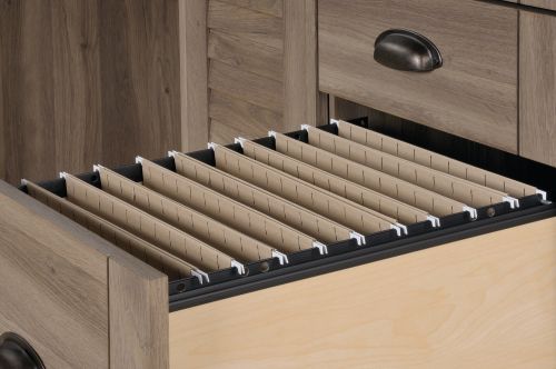 Teknik Louvre Hutch Desk in a Salt Oak Finish with Slide Out Keyboard/Mouse Shelf Multiple Storage Cubbyholes Within Hutch and Filer Drawer - image 5
