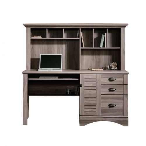 Teknik Louvre Hutch Desk in a Salt Oak Finish with Slide Out Keyboard/Mouse Shelf Multiple Storage Cubbyholes Within Hutch and Filer Drawer - image 8