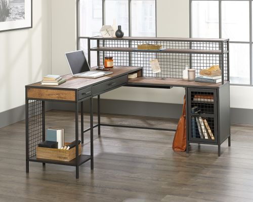 Teknik Boulevard L Shaped Desk Black Finish Contrasting Vintage Oak Accent Effect