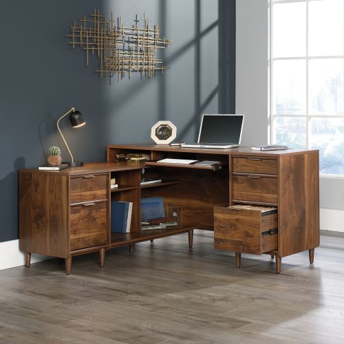 Teknik Clifton Place L-Shaped Executive Desk Grand Walnut Effect Finish Flip Down Keyboard Shelf Two File Drawers Three Storage Drawers Cubby S - image 4