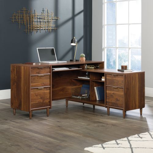 Teknik Clifton Place L-Shaped Executive Desk Grand Walnut Effect Finish Flip Down Keyboard Shelf Two File Drawers Three Storage Drawers Cubby S
