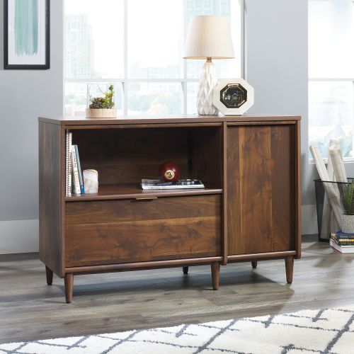 Teknik Clifton Place Credenza Grand Walnut Effect Finish Open Display Shelf Hidden Adjustable Shelf Large File Drawer and Solid Wooden Feet