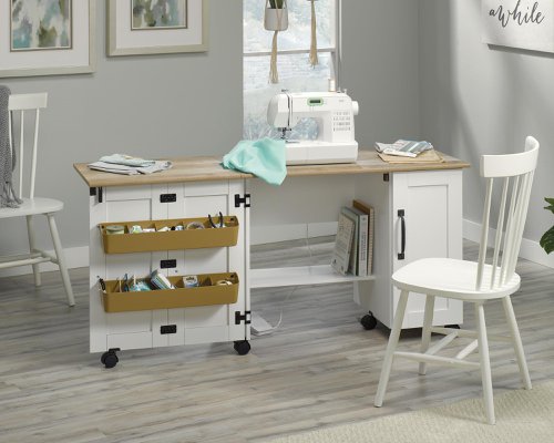 Teknik Sewing / Craft Cart Soft White Finish with Lintel Oak Accents 2 large double doors 2 adjustable shelves behind smaller doors - image 3