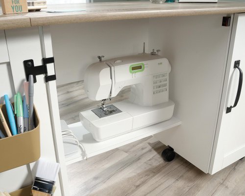 Teknik Sewing / Craft Cart Soft White Finish with Lintel Oak Accents 2 large double doors 2 adjustable shelves behind smaller doors - image 7
