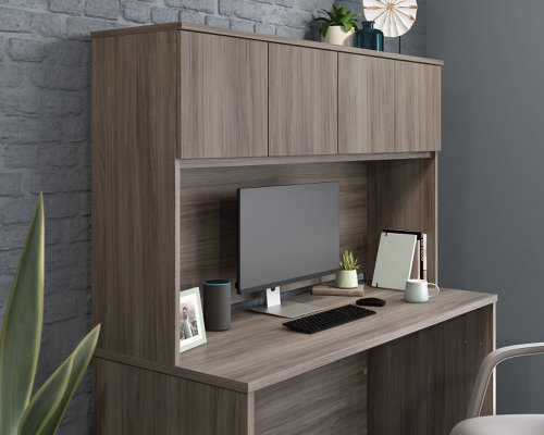 Teknik Affiliate 1500 Hutch in a Hudson Elm effect finish, hidden storage behind two double doors
