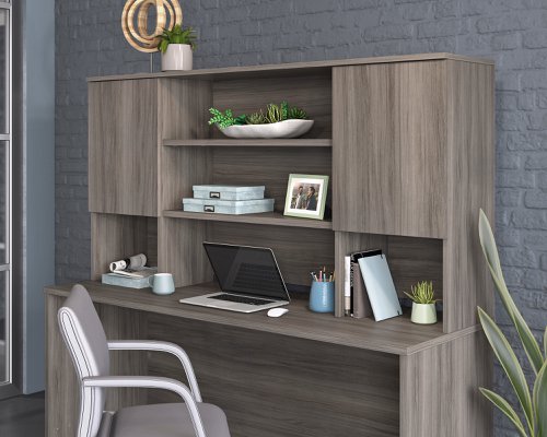 Teknik Affiliate 1800 Hutch in a Hudson Elm effect finish, hidden adjustable shelves for storage behind two doors