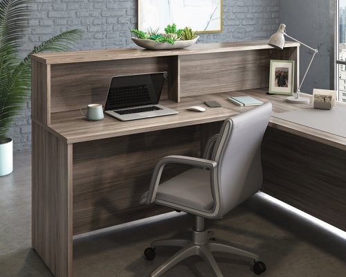Teknik Affiliate 1800 Low Reception Hutch in a Hudson Elm effect finish, two open storage cubbies for clutter free display - image 2