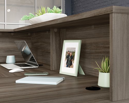 Teknik Affiliate 1800 Low Reception Hutch in a Hudson Elm effect finish, two open storage cubbies for clutter free display - image 4