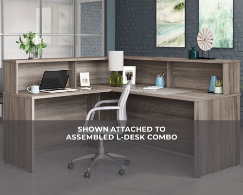 Teknik Affiliate 1800 Low Reception Hutch in a Hudson Elm effect finish, two open storage cubbies for clutter free display