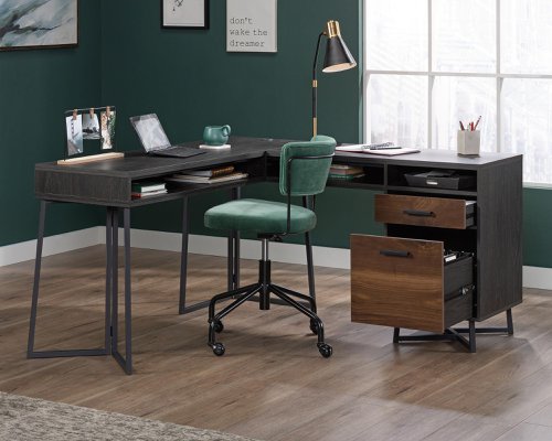 Teknik Canyon Lane L- Shaped Desk Brew Oak effect durable 1in thick desktop filing drawers 360 degree all round finish
