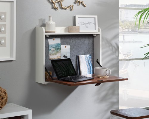 Teknik Avon Leather Handled Wall Desk Pearl Oak space saving hanging design flip down door, shelf leather pull and tack board - image 2