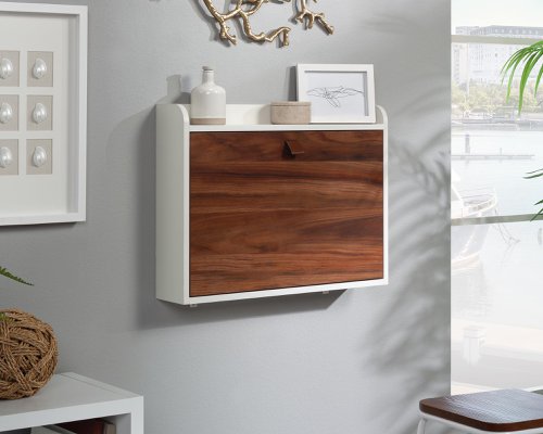 Teknik Avon Leather Handled Wall Desk Pearl Oak space saving hanging design flip down door, shelf leather pull and tack board