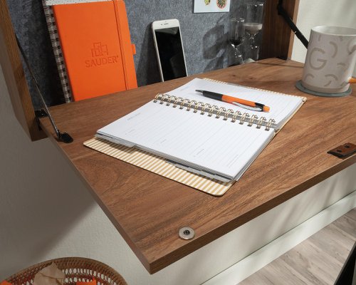 Teknik Avon Leather Handled Wall Desk Sindoori Mango space saving hanging design flip down door, shelf leather pull and tack board - image 7