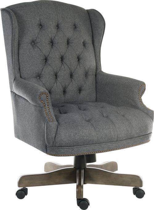 Teknik Chairman Grey Fabric Swivel large traditional button tufted fabric executive chair with driftwood effect five star base