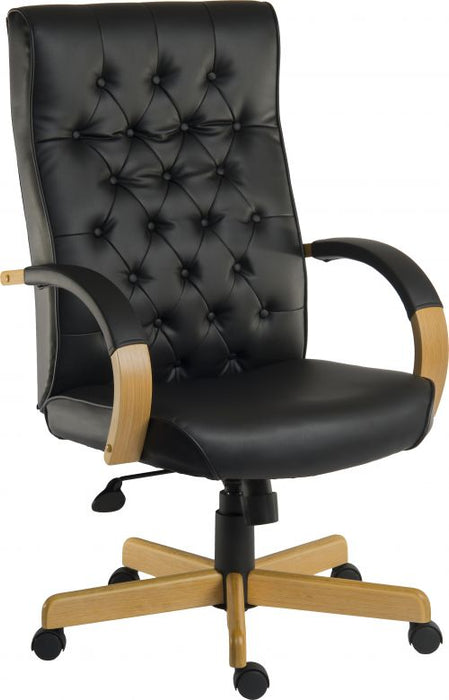 Teknik Warwick Noir Bonded Leather Button Back Chair Matching Light Oak Effect Arms and Base