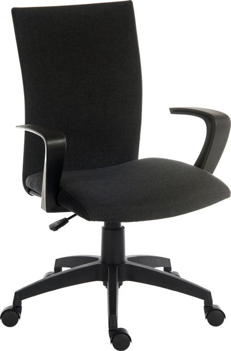 Teknik Work Chair In Black Fabric Black Nylon Fixed Armrests and Black Nylon Pyramid Style Base
