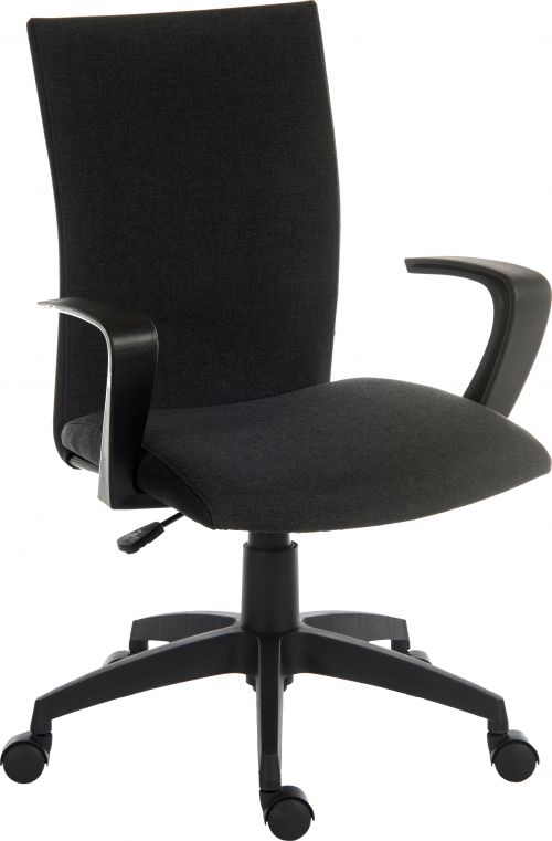 Teknik Work Chair In Black Fabric Black Nylon Fixed Armrests and Black Nylon Pyramid Style Base
