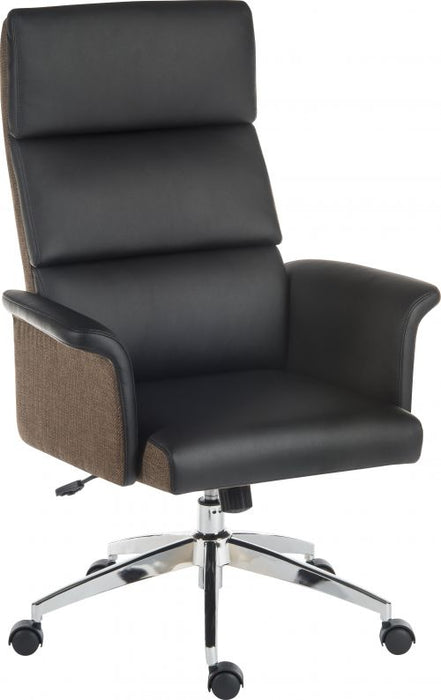 Teknik Elegance High Backed Executive Chair Black Leather Look Gull Wing Arms Contrast Chocolate Accent Fabric with Recline Function Smart Swivel Chrome Base