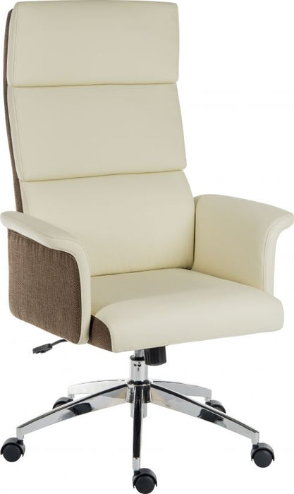 Teknik Elegance High Backed Executive Chair Cream Leather Look Gull Wing Arms Contrast Chocolate Accent Fabric with Recline Function Smart Swivel Chrome Base