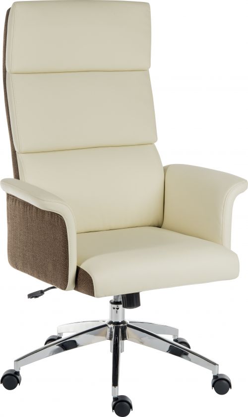 Teknik Elegance High Backed Executive Chair Cream Leather Look Gull Wing Arms Contrast Chocolate Accent Fabric with Recline Function Smart Swivel Chrome Base