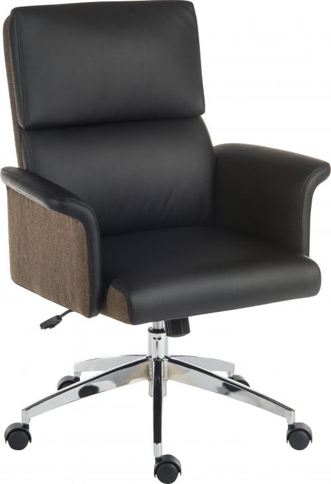 Teknik Elegance Medium Backed Executive Chair Black Leather Look Gull Wing Arms Contrast Chocolate Accent Fabric with Recline Function Smart Swivel Chrome Ba