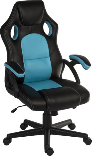 Teknik Kyoto Gaming chair in Blue PU & PVC covered contrasting materials with fixed padded arms, racing style backrest design