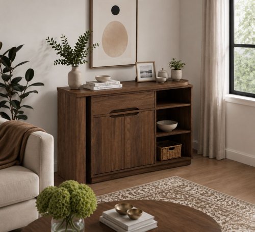 Teknik Revolve Hideaway Desk in Walnut effect with stylish curved desktop storage drawer and shelves and smart space saving design - image 4