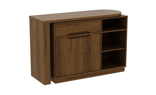 Teknik Revolve Hideaway Desk in Walnut effect with stylish curved desktop storage drawer and shelves and smart space saving design