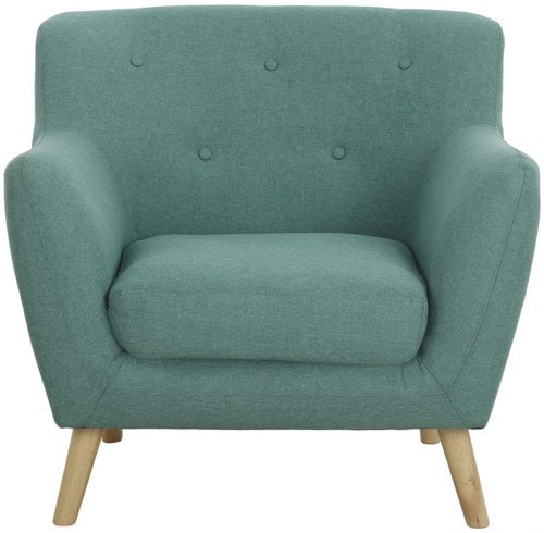 Teknik Skandi Armchair in ocean green fabric with button back and wooden feet