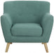 Teknik Skandi Armchair in ocean green fabric with button back and wooden feet