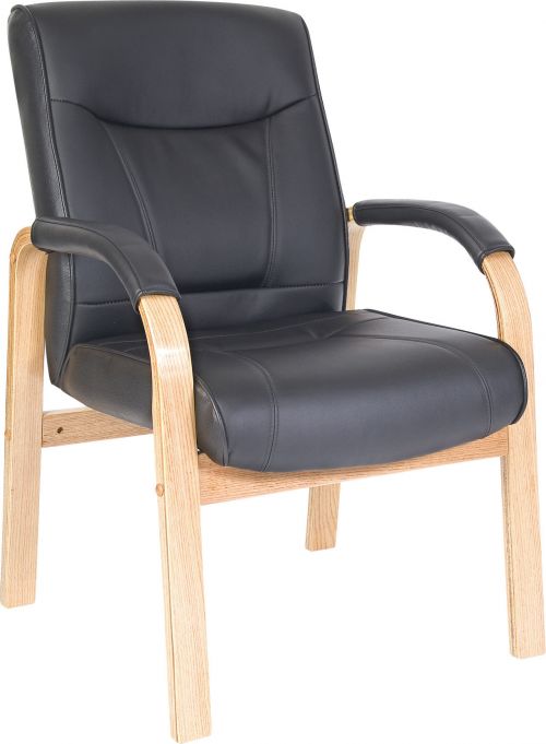 Teknik Kingston Black Visitor Bonded Leather Chair With Light Oak Effect Arm Frame