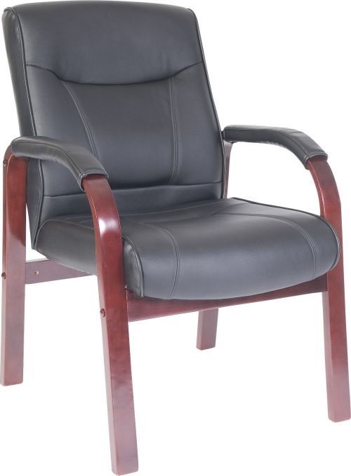 Teknik Kingston Black Visitor Bonded Leather Chair With Mahogany Effect Arm Frame